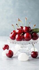 Fresh cherries on a crystal podium with sparkling gemstones, emphasizing their vibrant red hue and shiny surface.