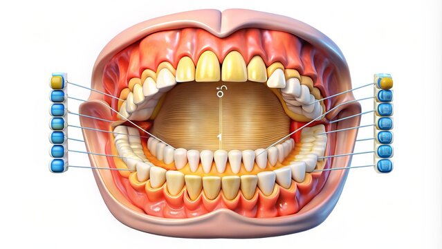 Illuminated dental diagram showcasing numbered teeth, gums, and jawbone anatomy on a white background, highlighting