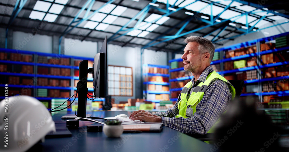 Poster warehouse inventory management on office computer