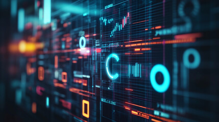 Fototapeta premium Abstract visualization of data analytics and financial graphs illuminated by neon colors in a futuristic digital landscape