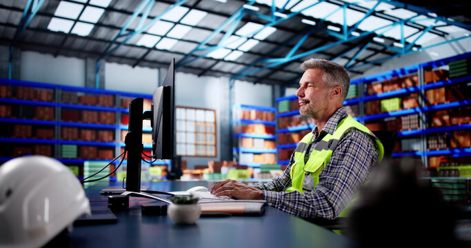 Warehouse Inventory Management On Office Computer