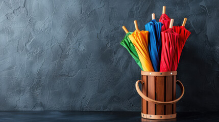 A collection of vibrant umbrellas in a wooden holder is set against a dark, textured wall, offering a striking color contrast.