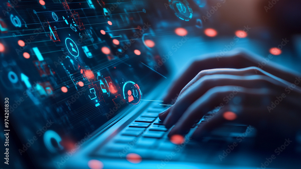 Poster a person types on a laptop with digital interface elements projected on the screen in a modern works