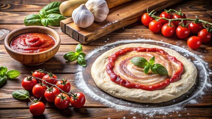 Fresh pizza dough with tomato sauce on wooden table