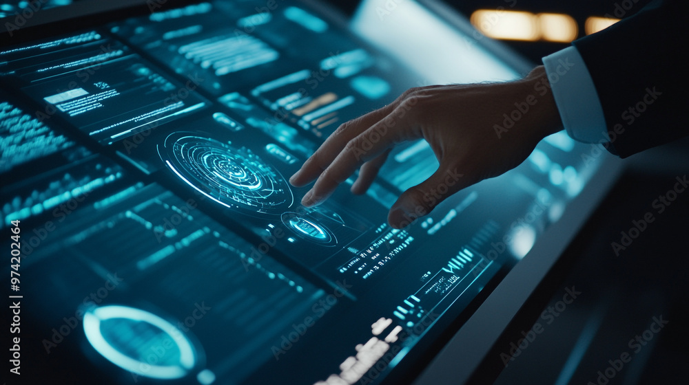 Fototapete a hand interacts with a futuristic touchscreen display filled with data and visualizations in a high