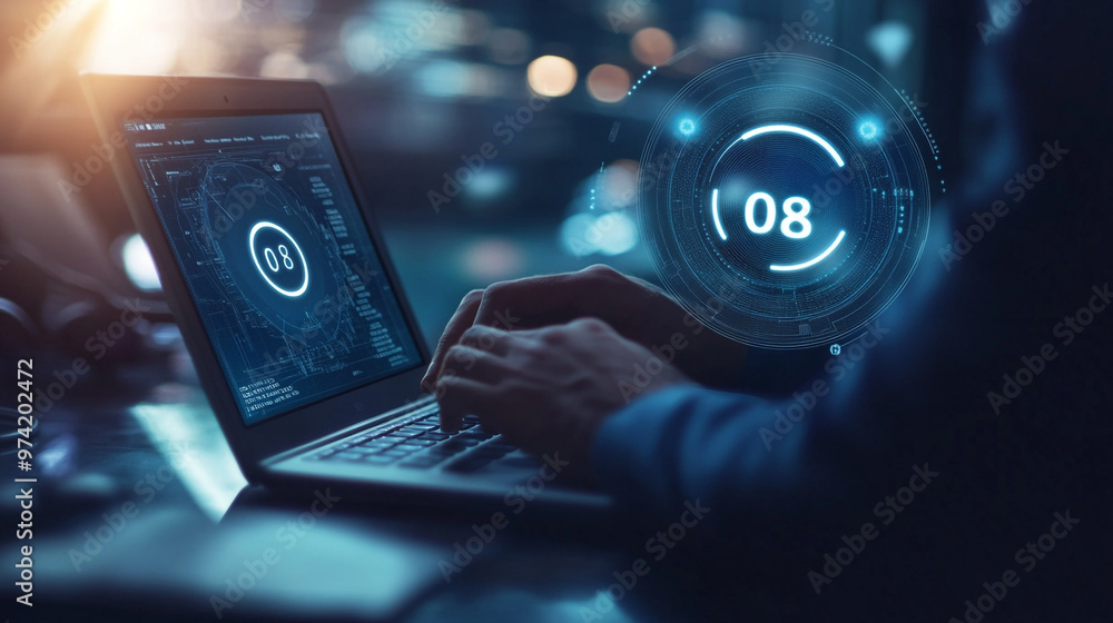 Poster a person working on a laptop with digital data visualization illuminated at night in a modern office