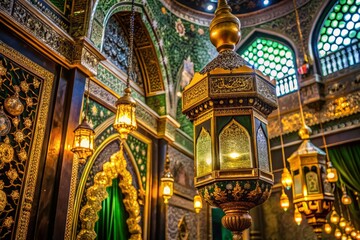 Fototapeta premium Inside Islam's holiest shrine, ornate lanterns illuminate velvet-draped walls adorned with gold calligraphy,