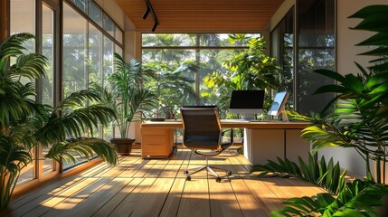 Fototapeta premium A green business office with natural lighting and plants,