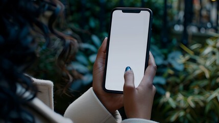 Close-Up Over-the-Shoulder Shot of Female Hand Holding Smartphone with Blank Screen for Mobile App Design, Digital Marketing, and Technology Presentation Mockups
