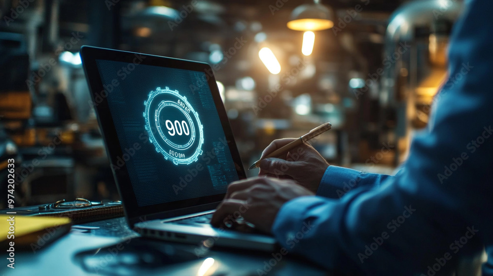 Poster a person typing on a laptop displaying digital data in a dimly lit workspace, focused on numbers and
