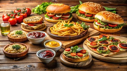 Various delicious and abundant food options including burgers, pasta, pizza, and sandwiches on a wooden table in a restaurant setting with alcohol drinks