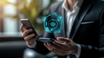 A businessman in a suit using two smartphones while exploring wireless technology in a modern office setting