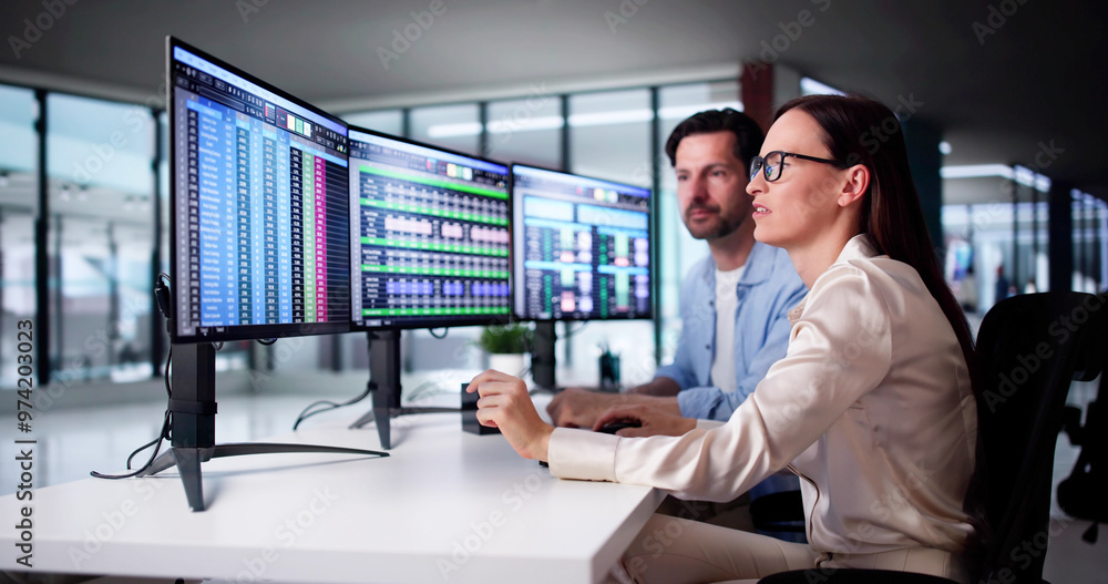 Poster analyst employee working on spreadsheet