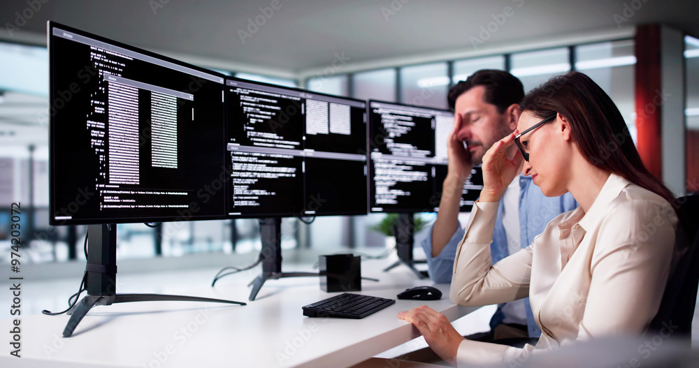 Aufkleber Unhappy Sad Developer Programmers In Stress Coding Software