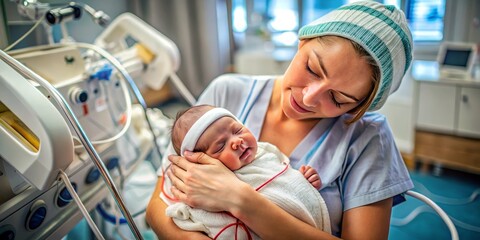 Intimate hospital scene of a newborn baby being cradled in a nurse's arms, moments after delivery, with medical