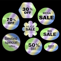 hologram sticker sale , label set holographic, tag, best price, limited offer, huge sale, 50, off, 70, 30e, effect, mega sale,