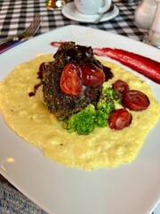 beef steak with mashed potatoes