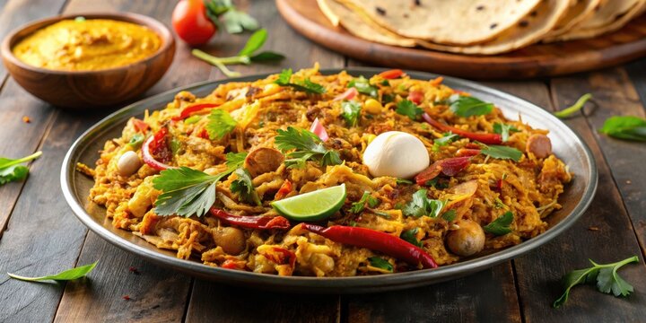 Close-up of traditional South Indian street food egg kothu parotta with shredded porotta, meat, and vegetables, served as a versatile dish for any meal setting