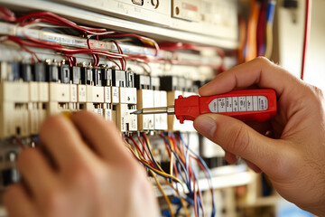 Close-up of an electrician repairing complex wiring in a circuit box with precision tools, ensuring proper electrical connections for safety and functionality in industrial or home settings