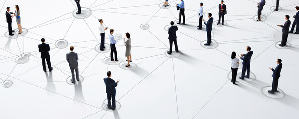 Business professionals networking and collaborating in a modern office setting with digital connections highlighted