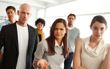 Meeting, portrait and group of frustrated business people with questions, solidarity and angry...