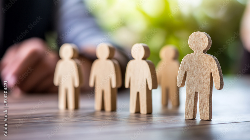 Aufkleber small wooden figures representing a team stand in a row on a desk with natural light pouring in from