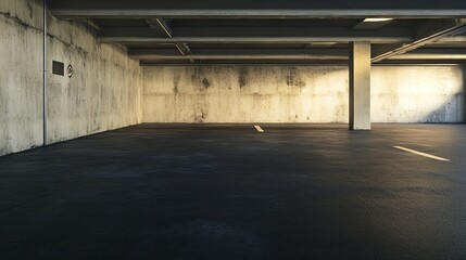 Empty concrete parking garage with a concrete pillar, lighting, and lines on the floor.