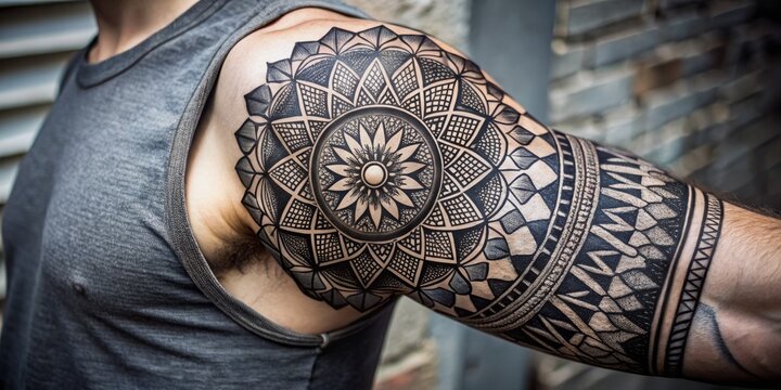 Intricate, geometric blackwork tattoo design on a toned arm, featuring mandalas, dotwork, and abstract patterns,