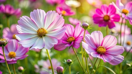 Fototapeta premium Delicate pink and white cosmos flowers unfurl in a summer garden, their intricate petals dancing in the warm