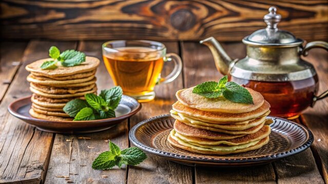 Moroccan breakfast with traditional baghrir pancakes, mint tea, and honey on a wooden table with copy space