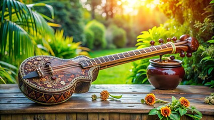 Intricately carved Indian stringed instrument veena rests on a ornate wooden table amidst lush greenery, exuding