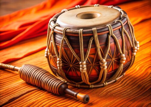 Intricately carved wooden tabla drum with braided tension cords, copper bayan, and rich brown finish, sitting on a