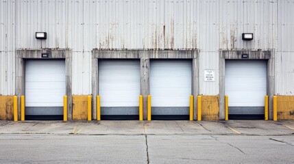 Four loading docks with yellow guard rails on a large industrial building.