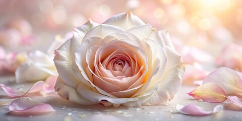 Delicate rose petals dance across a serene landscape, their tender heads swaying to the rhythm of the breeze,