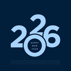 Elegant 2026 Happy New Year Number Typography Design on blue background.