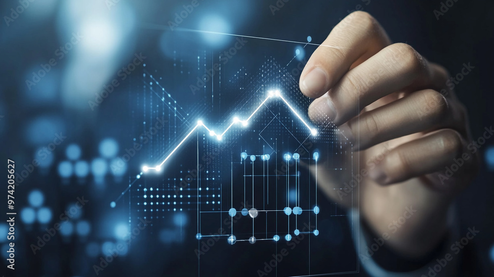 Poster business professional analyzing data trends with a digital interface in a corporate office setting d