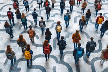 A diverse group of people with backpacks walking across a geometric patterned path, showcasing daily urban life from a top view.