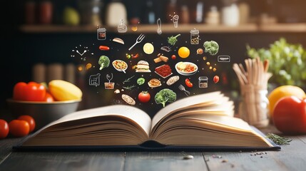 An open recipe book with food-related icons floating above.