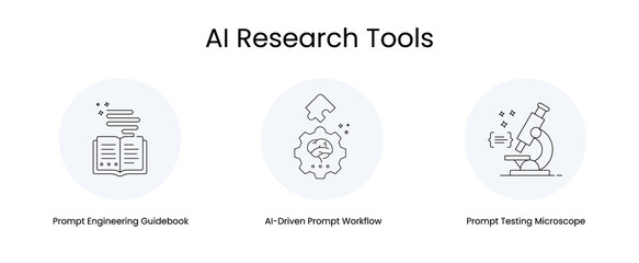 AI Research Tools - Icons Representing: Prompt Testing Microscope, AI-Driven Prompt Workflow, Prompt Engineering Guidebook. These icons are designed to visually represent ai research tools.