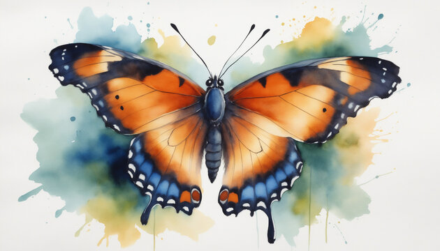 Aquarelle pastel dessin papillon ouvert ailes bleu orange insecte monarque.