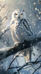 Snowy Owl's Silent Gaze: A majestic snowy owl, cloaked in winter's embrace, perches serenely amidst a snowy woodland, its captivating gaze hinting at the secrets of the frozen wilderness