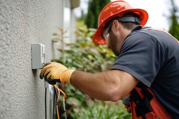 Electrician working on outdoor wiring, wearing safety gear and gloves. A focused moment in electrical installation, ensuring safety and proper function in an outdoor setting