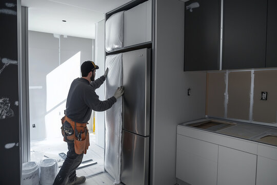 Professional worker installing a new refrigerator in a modern kitchen, carefully aligning it into place. A glimpse into home renovation and appliance installation services