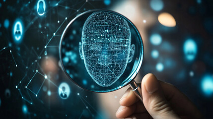 Exploring artificial intelligence concepts through a digital magnifying glass on a futuristic human face representation