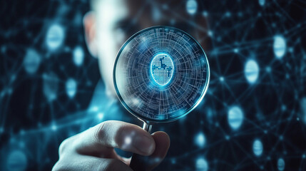 A person examines a digital globe through a magnifying glass in a futuristic, technology-driven environment at night