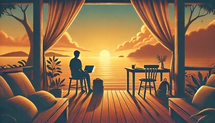 夕日を背景に海辺でパソコンを使う人