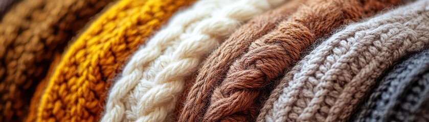 Fototapeta premium Sweater knits close-up, featuring thick wool textures in soft autumnal colors, showcasing cozy details.