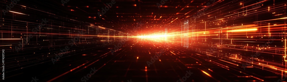 Poster dynamic light beams create an abstract representation of speed and energy in a futuristic setting.