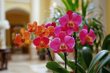 Orchids in a hotel lobby, close-up on their vibrant natural beauty.