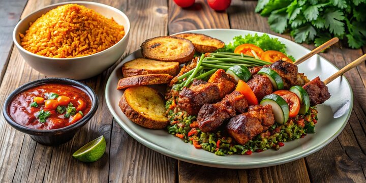 jollof rice, suya-skewered meat, fried plantains, and steaming egusi soup, surrounded by fresh vegetables and herbs.